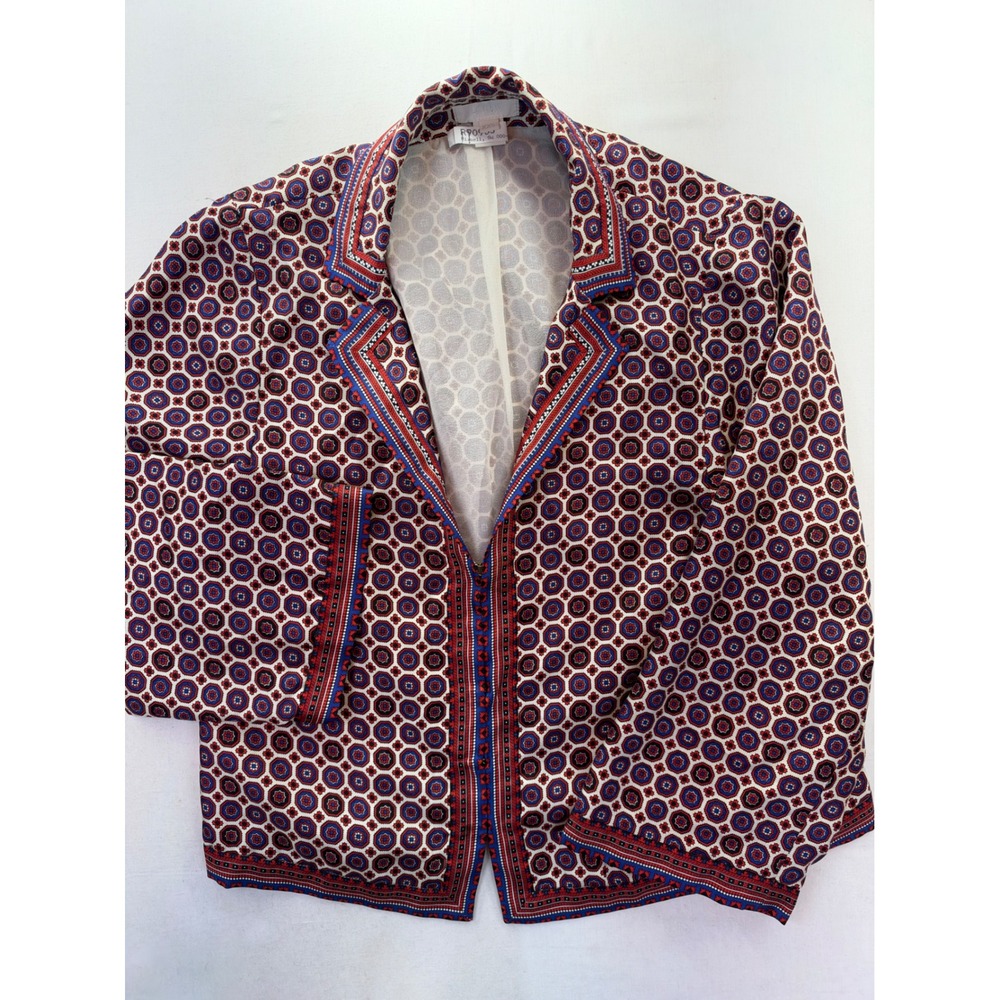 J.Crew Collection Silk Blouse XXS Red Blue Geometric Medallion Hook Eye 99553